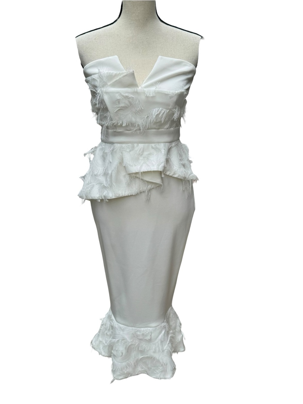 White Strapless Feather Fringe Midi Dress Bridal Shower Bachelorette US 4 - Picture 2 of 7